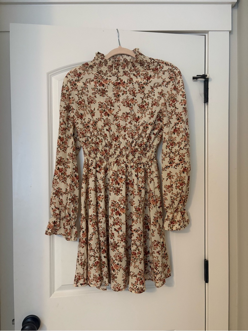 Cream Floral Long-Sleeve Smocked Waist Dress